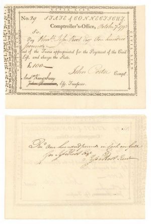 Pay Order Issued to Jesse Root and signed by him and Andrew Kingsbury and John Porter - Connecticut Revolutionary War Bonds