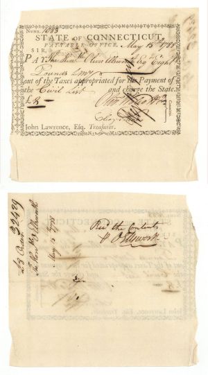 1788 dated Pay Order Issued to and signed by Oliver Ellsworth and signed by Oliver Wolcott Jr. - Revolutionary War Autograph