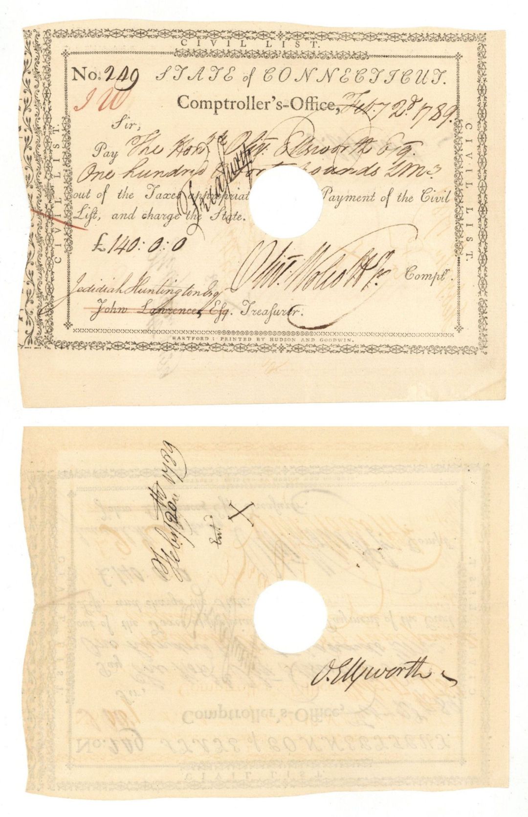 1789 dated Pay Order Issued to and signed by Oliver Ellsworth and signed by Oliver Wolcott Jr. - Revolutionary War Autograph