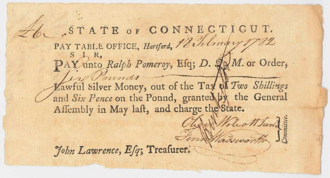 1782 dated Pay Order Signed by Jedediah Huntington and Oliver Wolcott Jr. - Connecticut - Revolutionary War - Americana