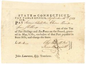 Pay Order Signed by Jedediah Huntington and Oliver Wolcott Jr. - Connecticut - American Revolutionary War