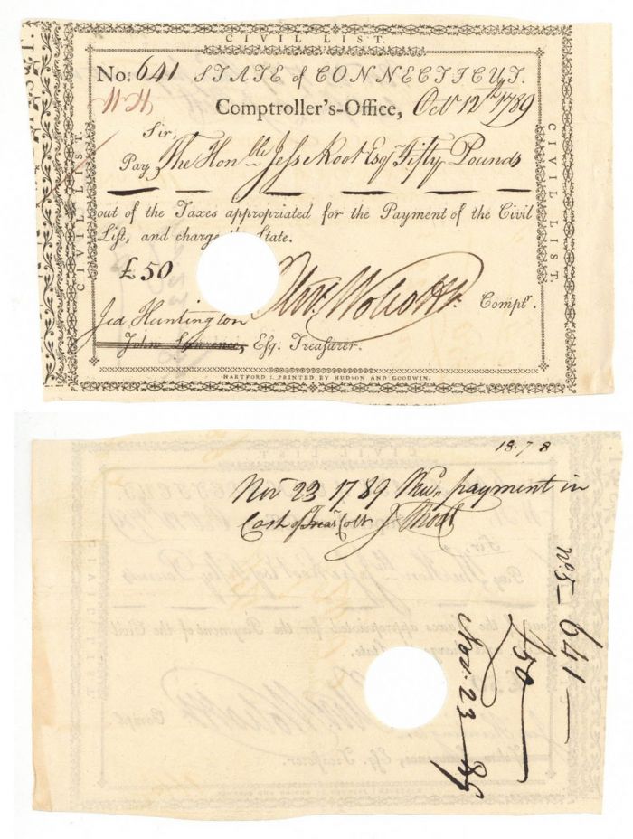 1789 dated Pay Order Issued/Signed to Jesse Root and Jed Huntington and Oliver Wolcott Jr. - Connecticut Revolutionary War Bonds
