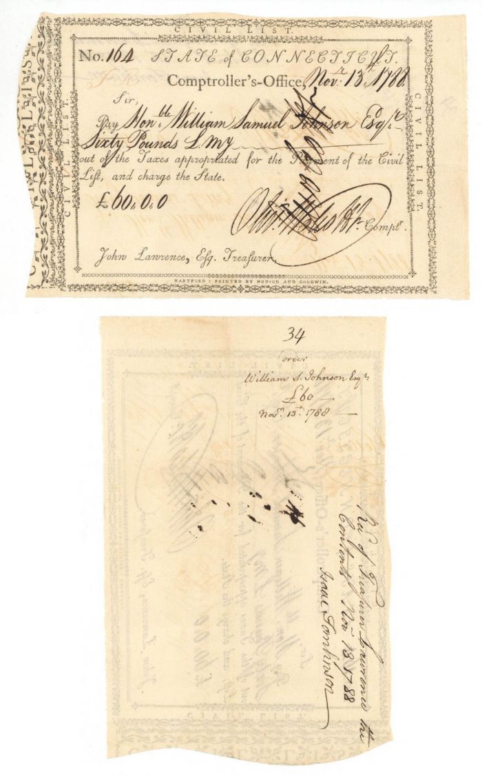1788 dated Pay Order Issued to William Samuel Johnson and signed by him and Oliver Wolcott Jr. - Connecticut Revolutionary War Bonds
