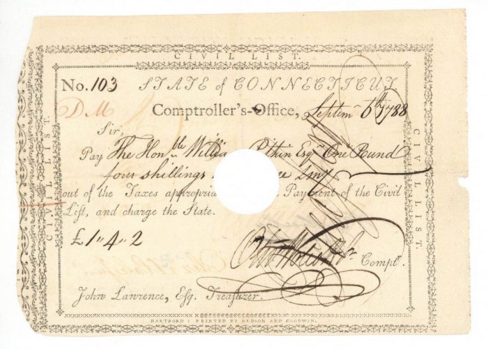 Pay Order Issued to William Pitkin and signed by Oliver Wolcott Jr. - Connecticut Revolutionary War Bonds