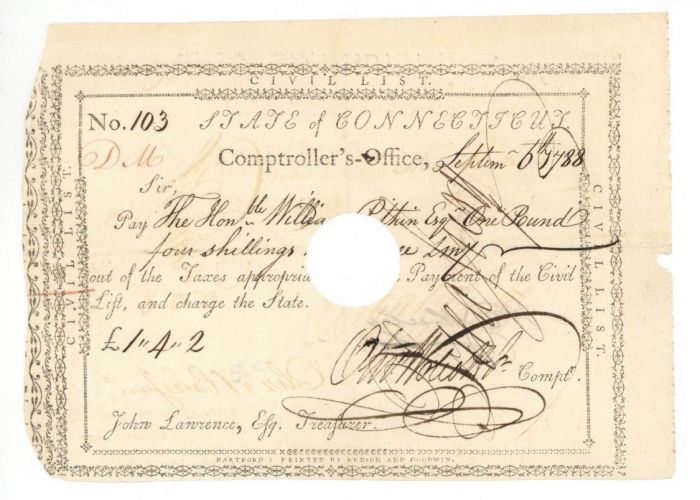 1788 dated Pay Order Issued to William Pitkin and signed by Oliver Wolcott Jr. - Connecticut Revolutionary War Bonds
