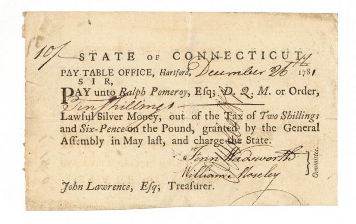 1780's dated Pay Order Signed by Oliver Wolcott Jr. - Connecticut Revolutionary War