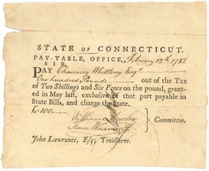 1782 dated Connecticut Pay Table Office Order - Americana - American Revolutionary War