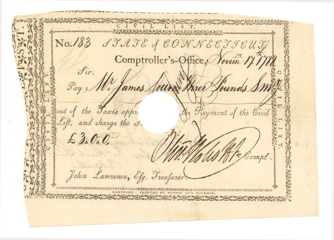 1788 or 1789 Dated Pay Order Signed by Oliver Wolcott Jr. - Connecticut - American Revolution