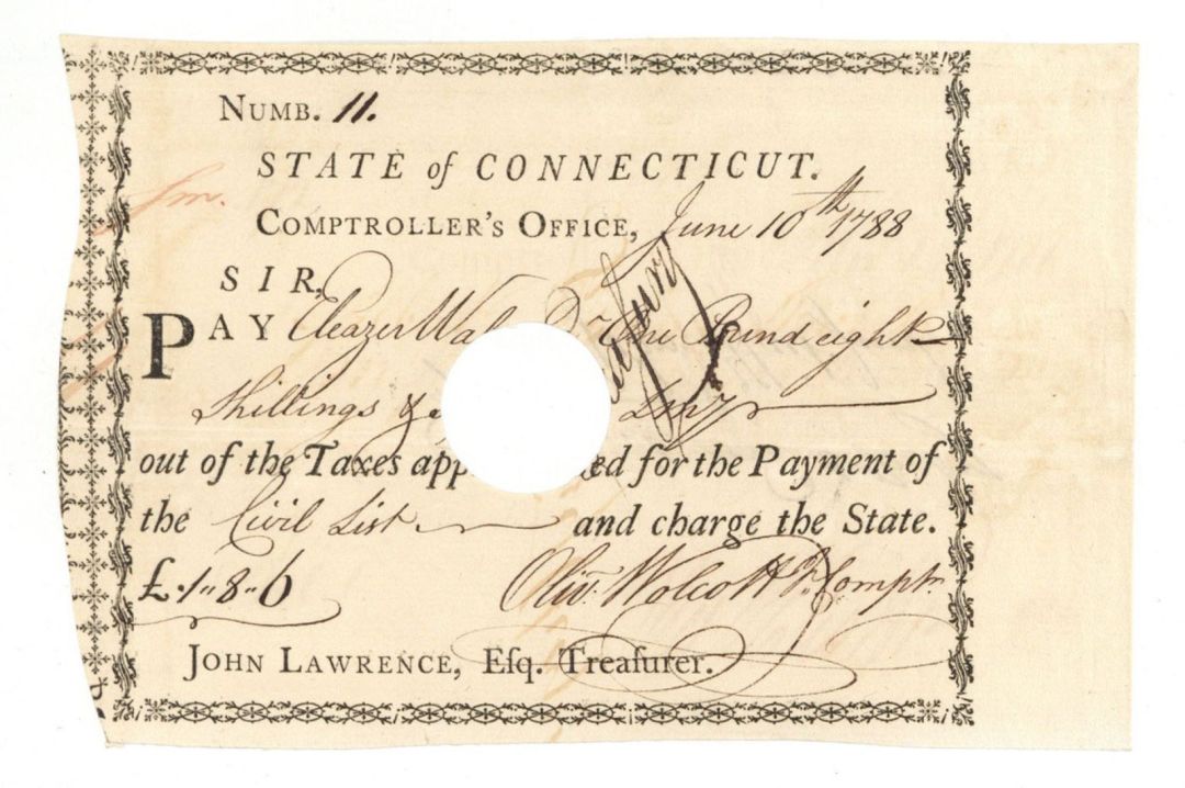 1788 dated Pay Order Signed by Oliver Wolcott Jr. - Connecticut - American Revolutionary War