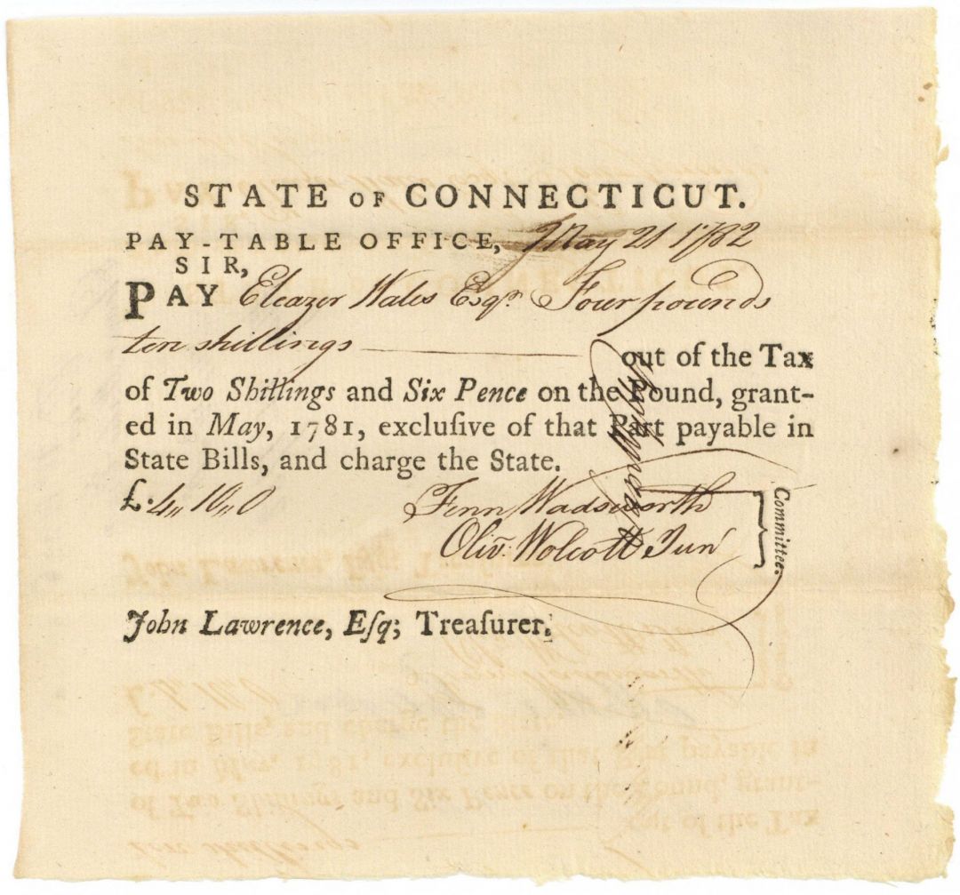 1782 dated Pay Order Signed by Oliver Wolcott Jr. - Connecticut - Revolutionary War - Americana
