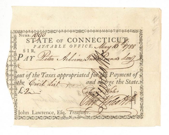 1788 dated Pay Order Signed twice by Oliver Wolcott Jr. - Connecticut - American Revolutionary War