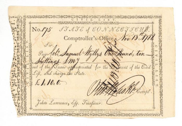 1788 dated Pay Order Issued to Samuel Wyllys and Signed twice by Oliver Wolcott Jr. - American Revolutionary War