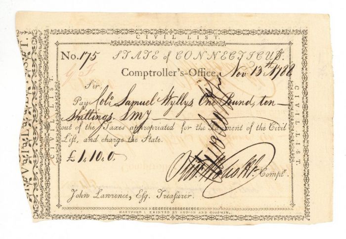 Pay Order Issued to Samuel Wyllys and Signed twice by Oliver Wolcott Jr. - Revolutionary War - Dated 1788