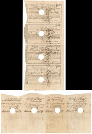 Uncut Sheet of 4 Consecutive Number Receipts of Lawful Money - Connecticut - 1780-1781 dated American Revolutionary War