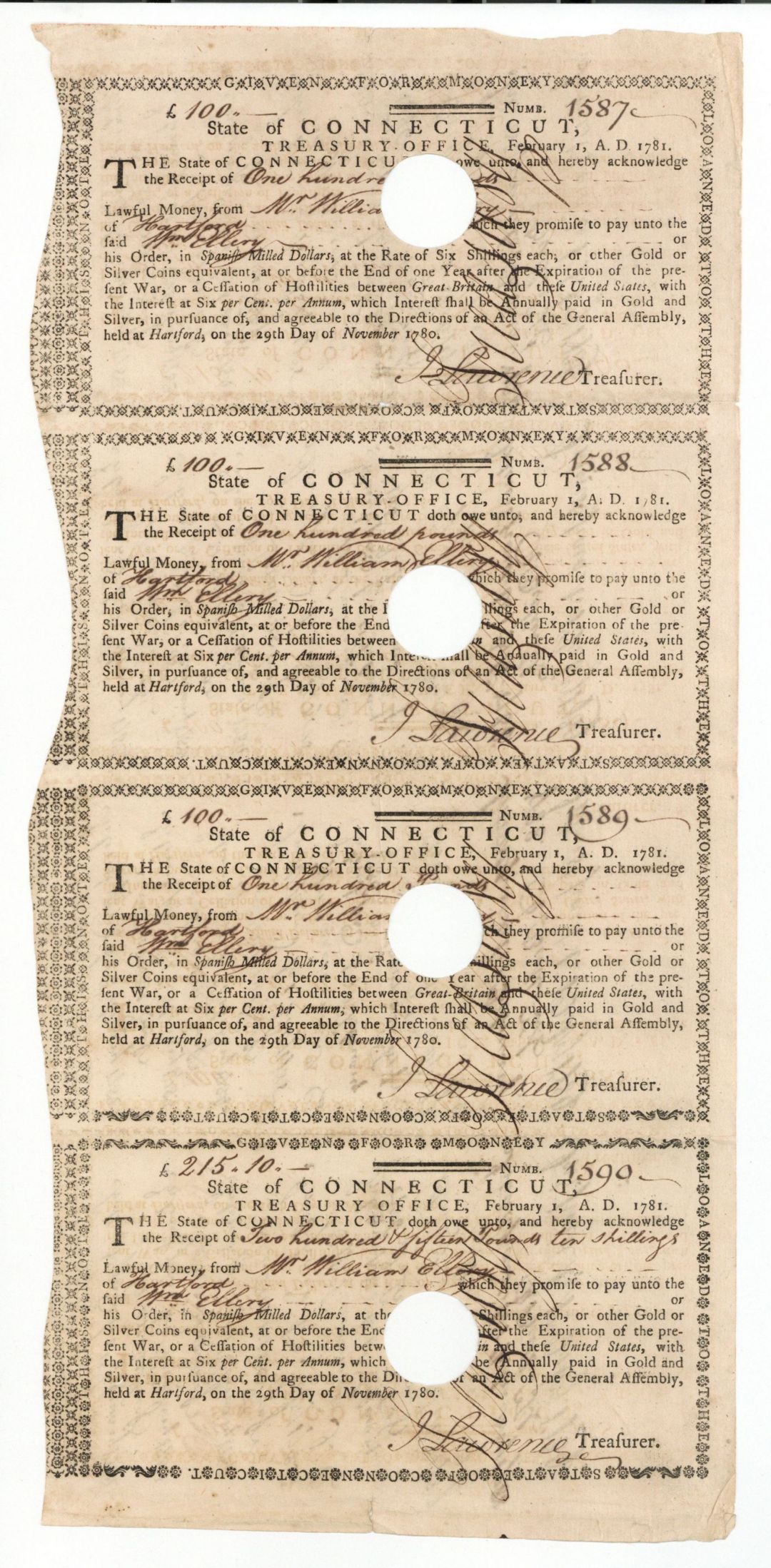 Uncut Sheet of 4 Receipts of Lawful Money - Connecticut - American Revolutionary War