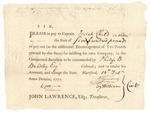1777 Revolutionary War Pay Order - For Captain Inlisting his own Company, in the Continental Battalion - Very Rare - American Revolution - SOLD