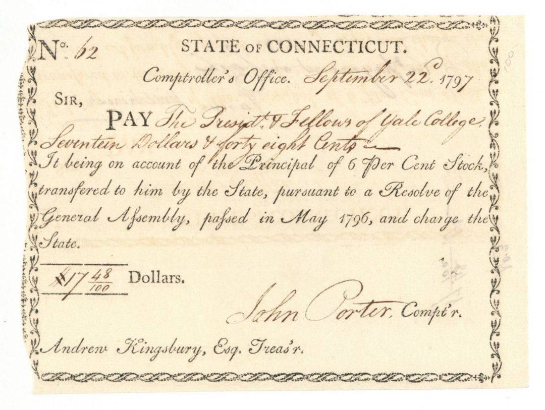 1797 Revolutionary War Pay Order - Connecticut - American Revolutionary War