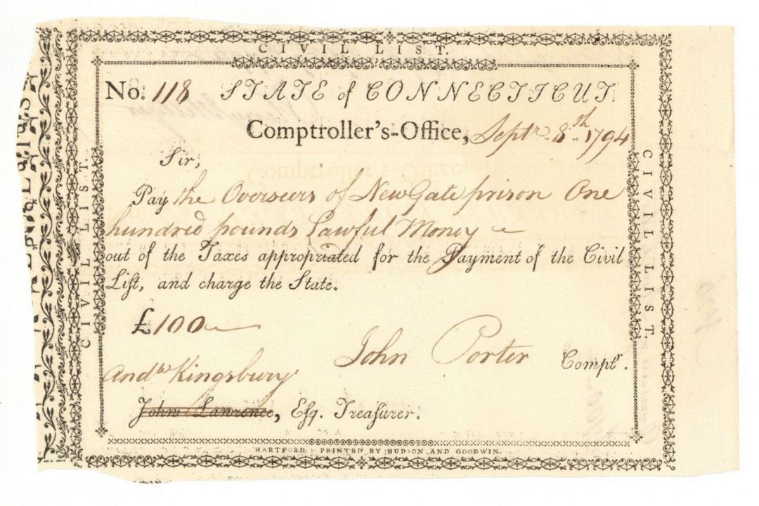 1794 Revolutionary War Pay Order - Connecticut Revolutionary War Bonds, etc.