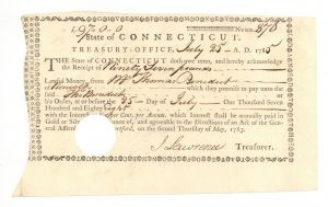 1785 Revolutionary War Receipt - Connecticut Revolutionary War Bonds, etc.