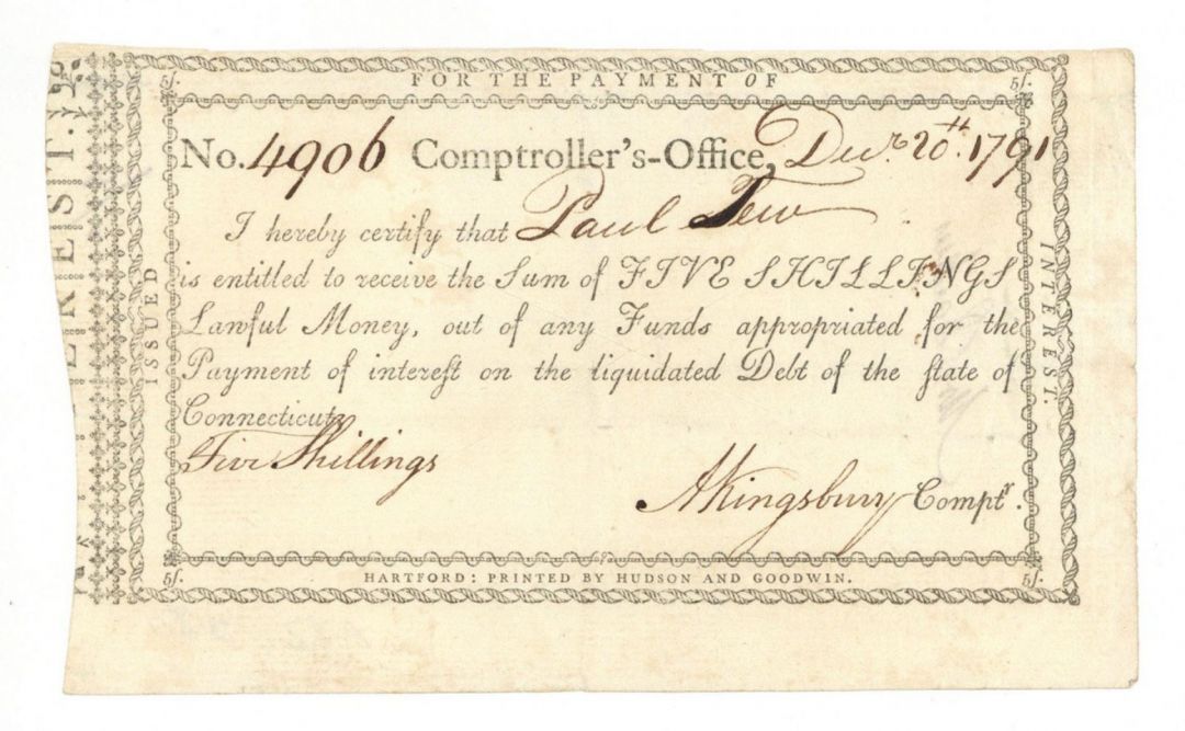 1791 Revolutionary War Receipt - Connecticut Revolutionary War Bonds, etc.