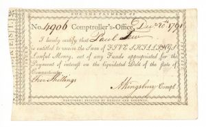 1791 Revolutionary War Receipt - Connecticut Revolutionary War Bonds, etc.