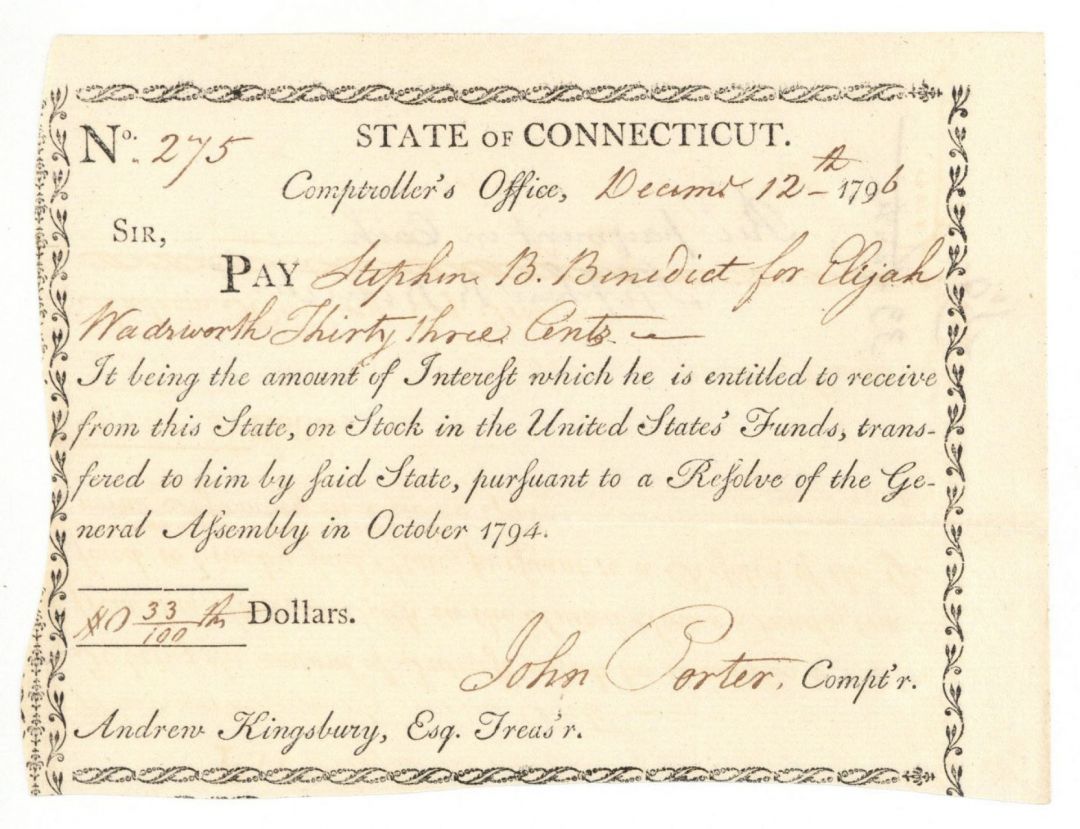 1796 Revolutionary War Pay Order - Connecticut Revolutionary War Bonds, etc.