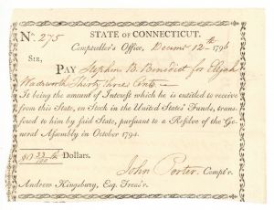 1796 Revolutionary War Pay Order - Connecticut Revolutionary War Bonds, etc. - SOLD