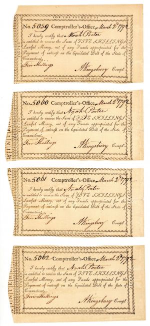 1792 Reconstructed Sheet of 4 War Receipts - Connecticut Revolutionary War Bonds, etc. - SOLD