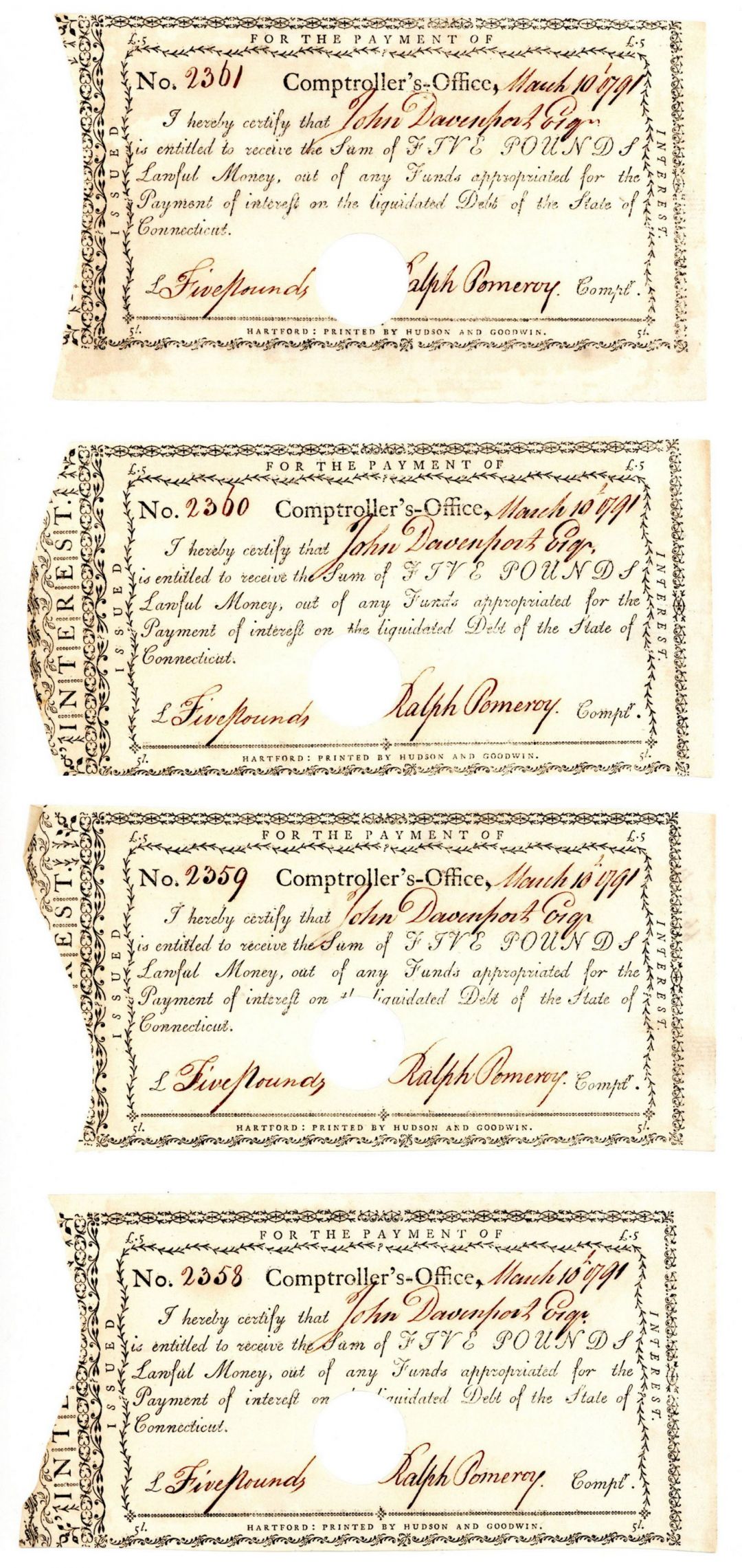 1791 Reconstructed Sheet of 4 War Receipts - Connecticut Revolutionary War Bonds, etc.