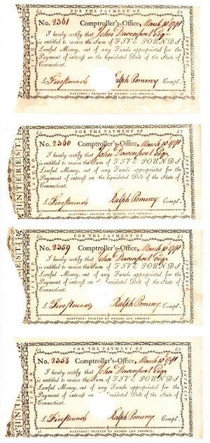 1791 Reconstructed Sheet of 4 War Receipts - Connecticut Revolutionary War Bonds, etc. - SOLD