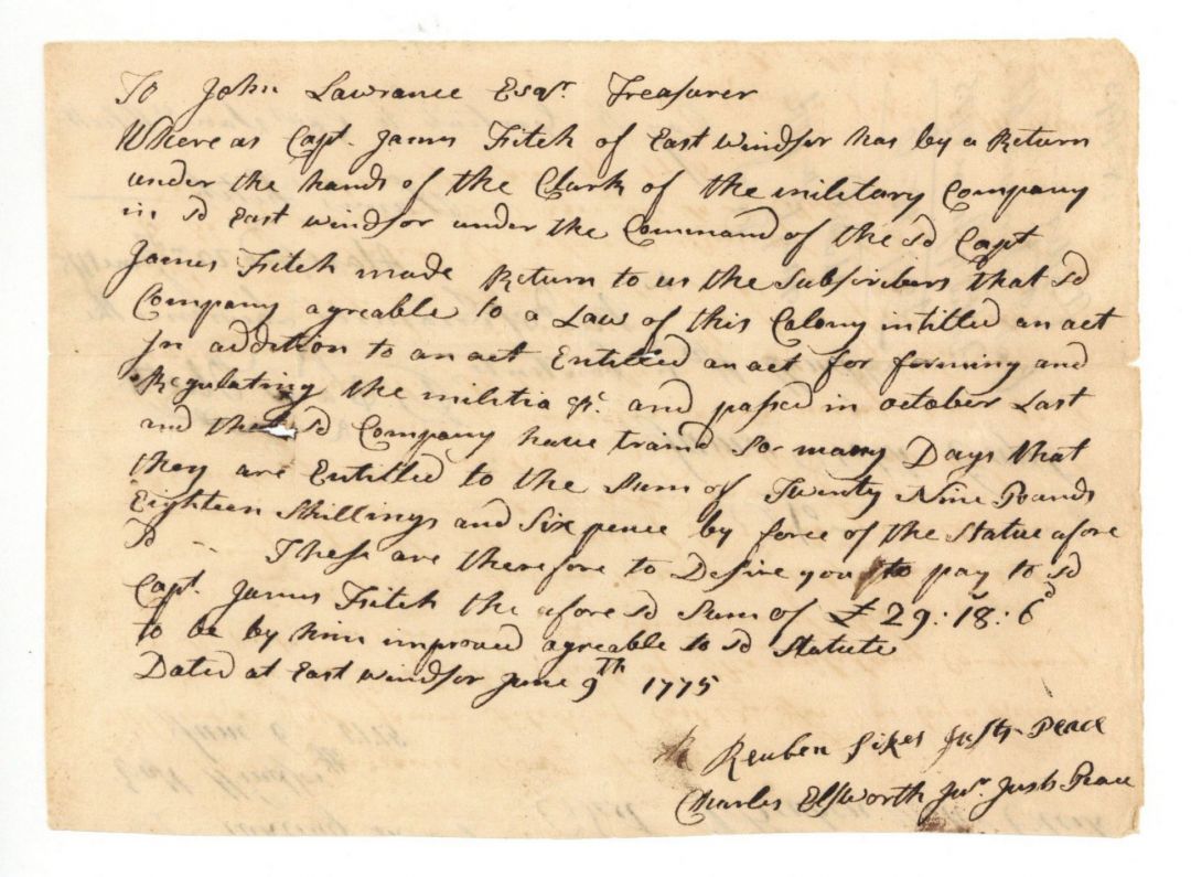 1775 Revolutionary War Pay Order - Connecticut Revolutionary War Bonds, etc.