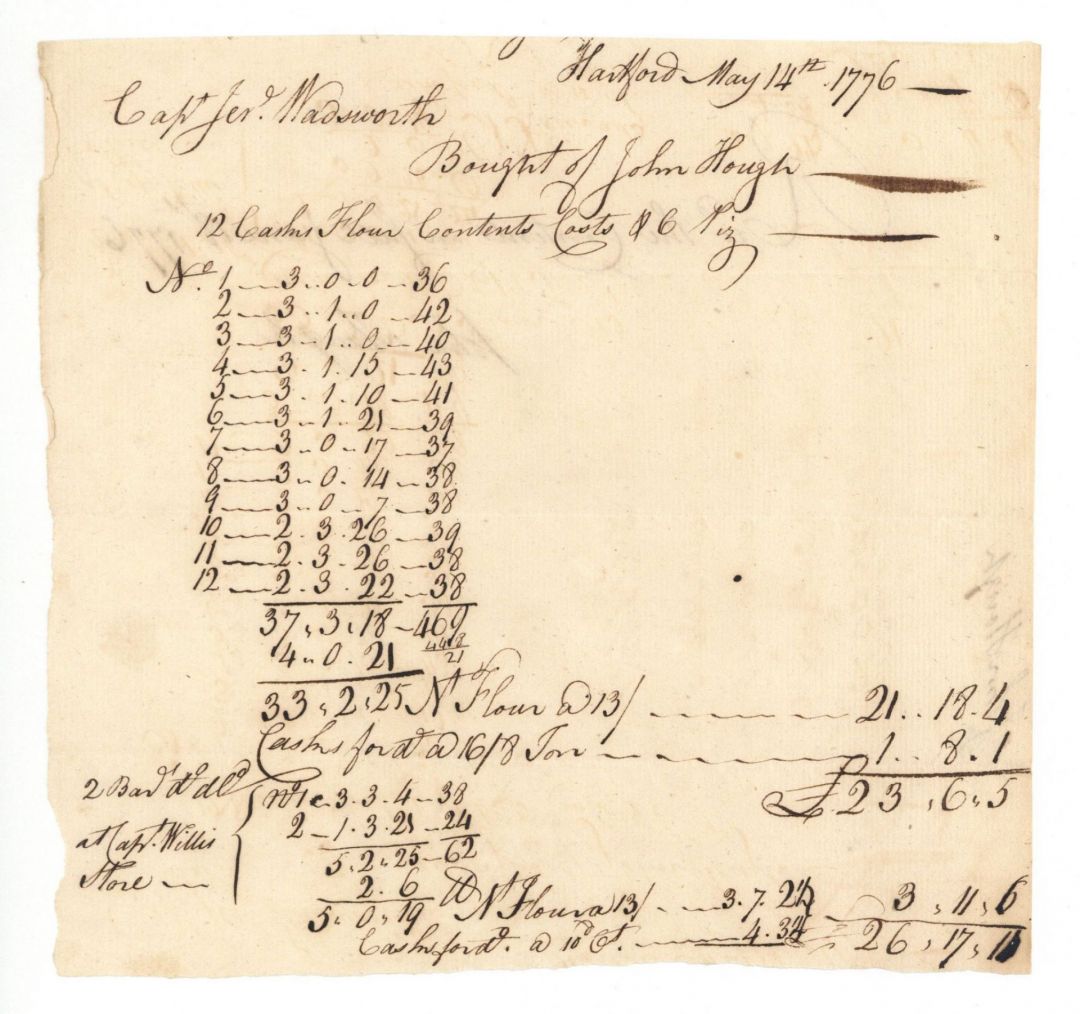 1776 Revolutionary War Invoice - Connecticut Revolutionary War Bonds, etc.