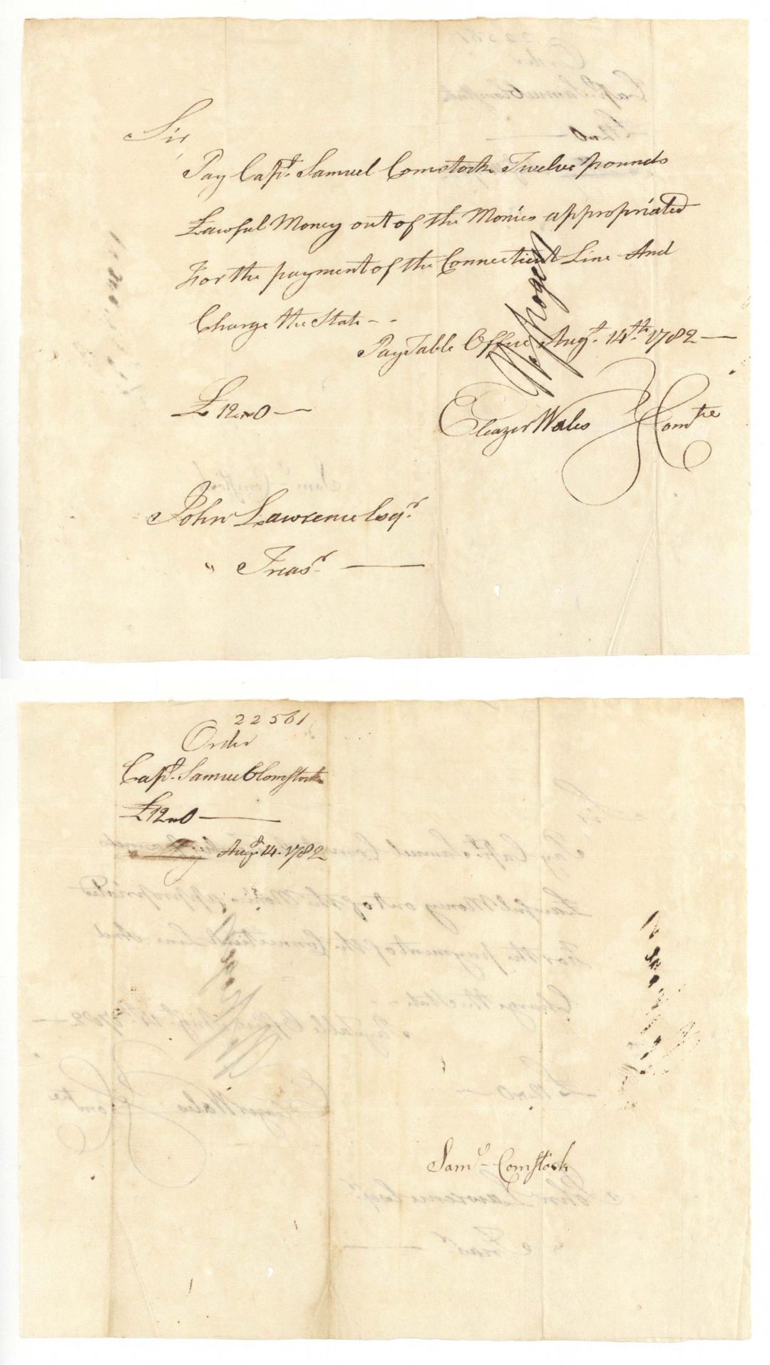 1782 dated Connecticut Continental Pay order signed by John Lawrence and Samuel Comstock - Connecticut - American Revolutionary War