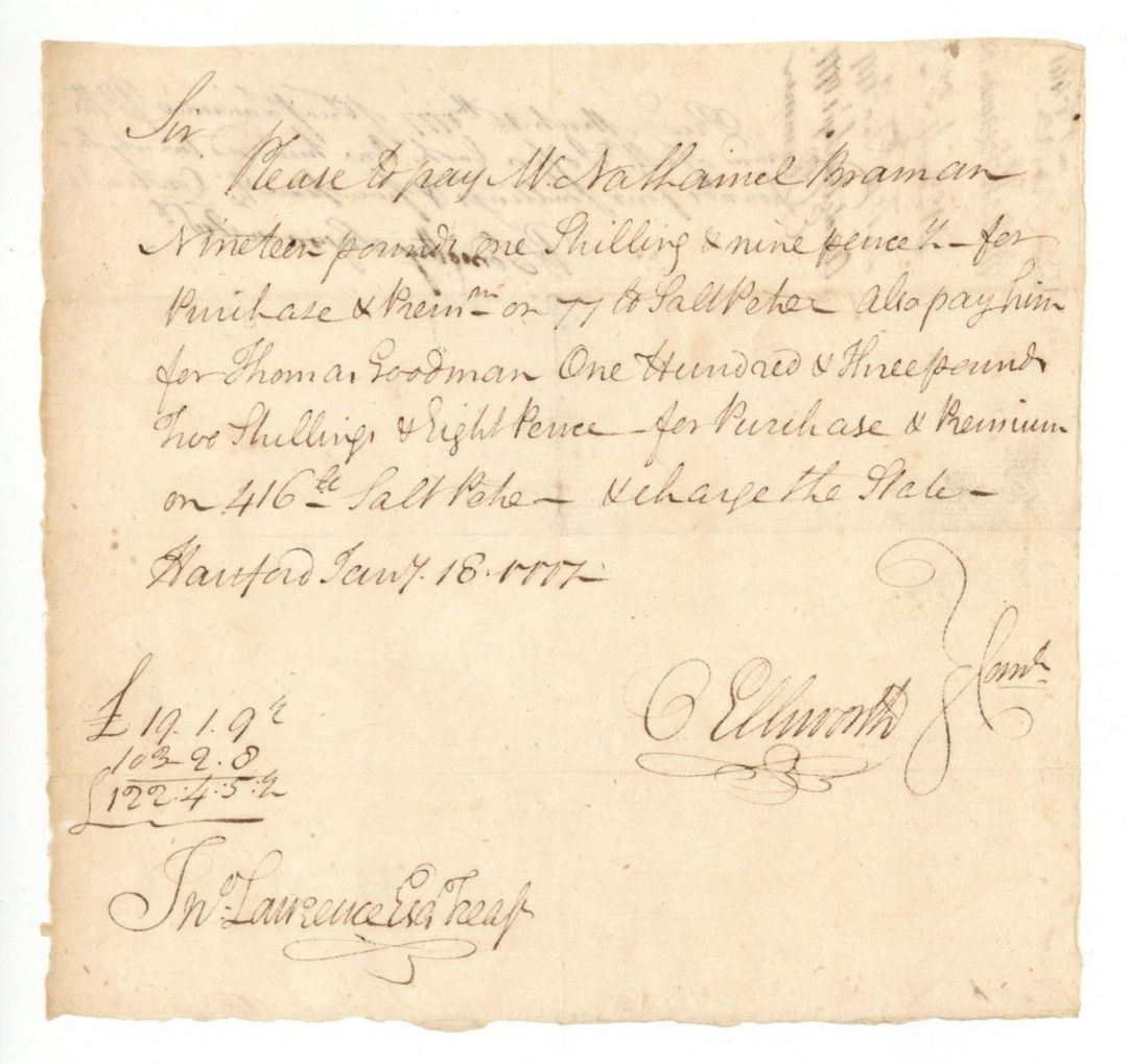 1777 dated Oliver Ellsworth signed Revolutionary War Pay Order - Connecticut Autograph Document