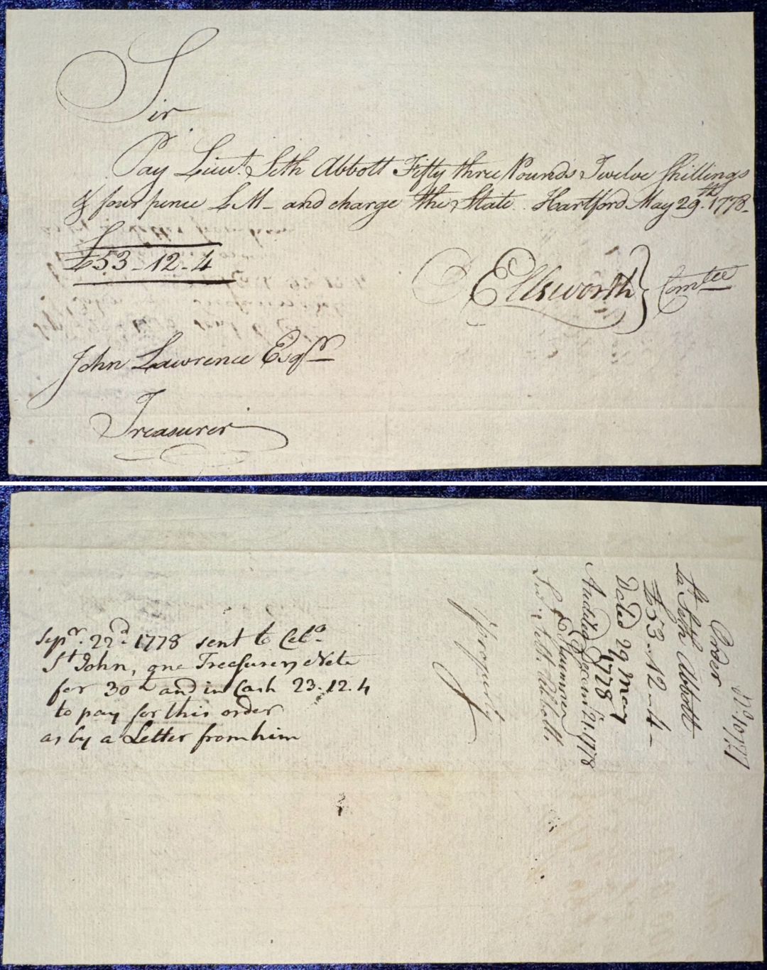 1778 dated Oliver Ellsworth signed Revolutionary War Pay Order - Connecticut - American Revolutionary War Autograph