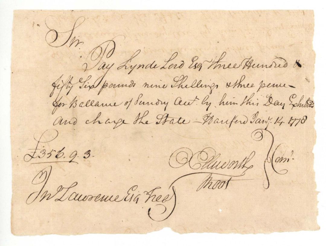 1778 dated Oliver Ellsworth and Jesse Root signed Revolutionary War Pay Order - Connecticut - American Revolutionary War Autograph
