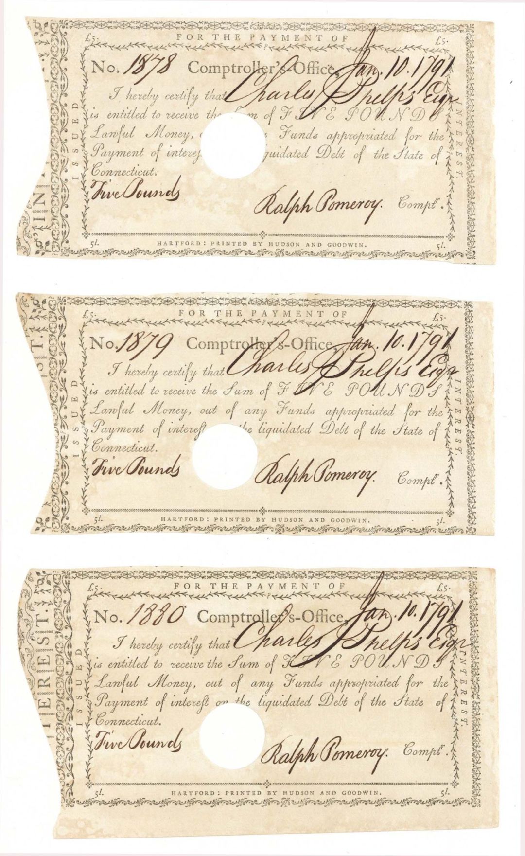 3 Payment Notes in numberical order dated 1791 - Connecticut Revolutionary War Bonds, etc.