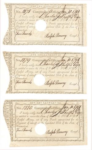 3 Payment Notes in numberical order dated 1791 - Connecticut Revolutionary War Bonds, etc.