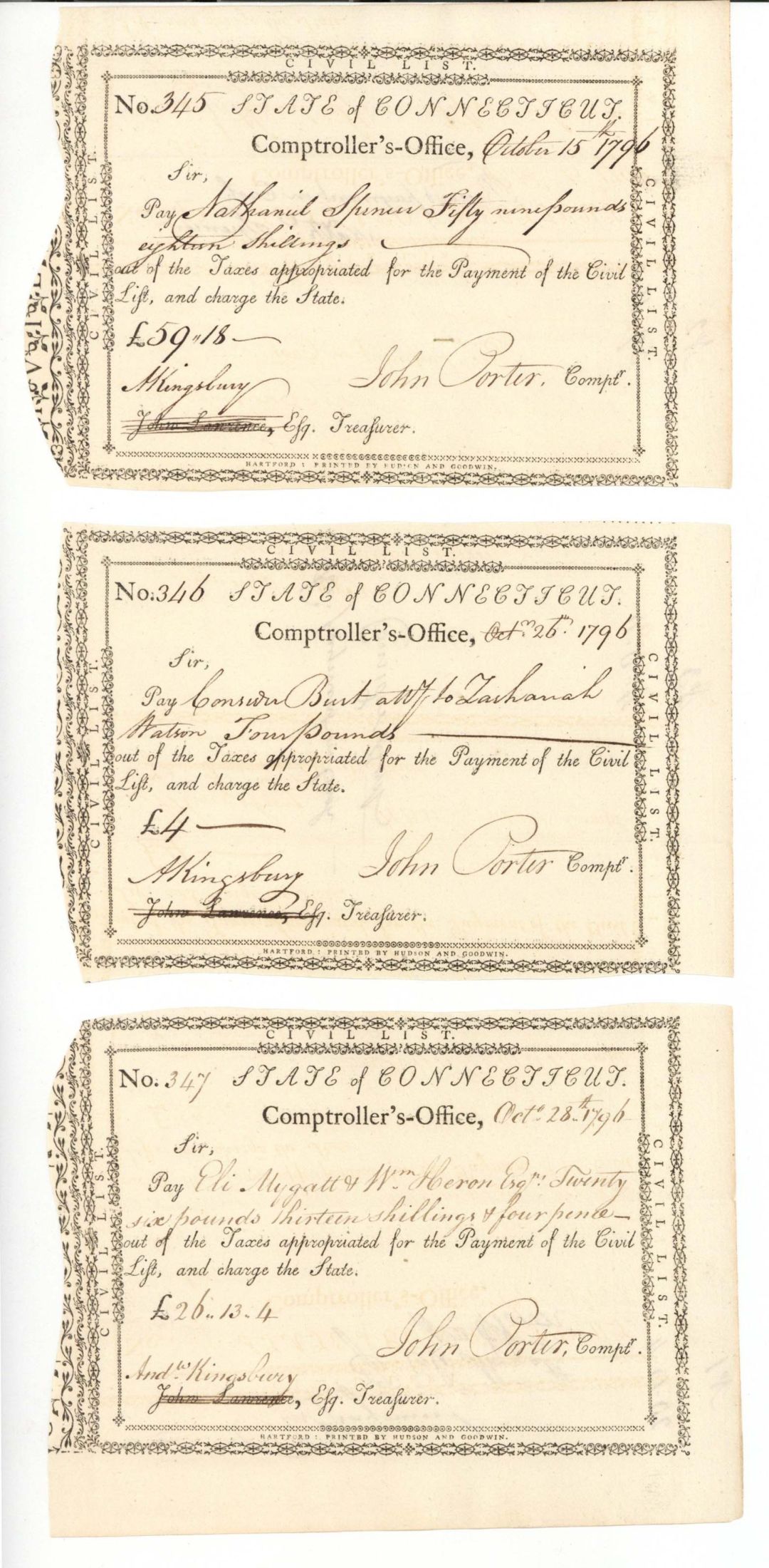 3 Payment Notes in numberical order dated 1796 - Connecticut Revolutionary War Bonds, etc.