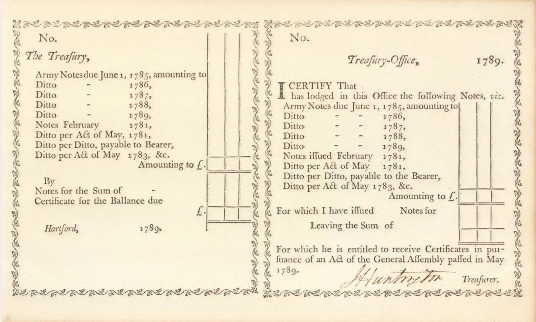 Jedediah Huntington signed Treasury Office Exchange of Notes - Connecticut - 1789 dated American Revolutionary War