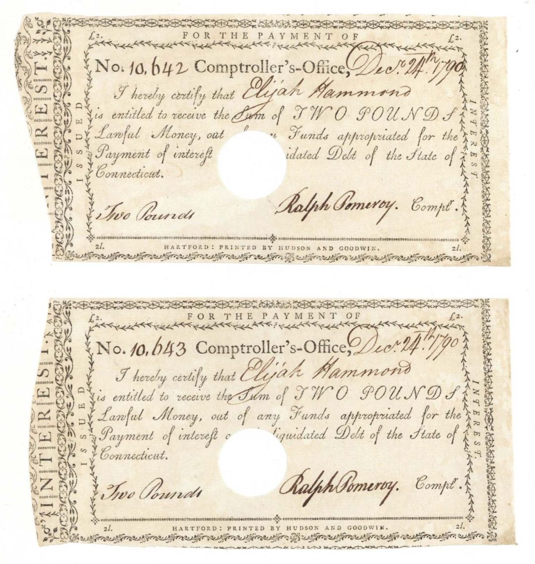 1790 dated Pair of Consecutive Serial Numbered Connecticut Line Notes - Connecticut - American Revolutionary War - Very Rare to Find