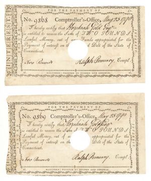 1790 dated Pair of Consecutive Serial Numbered Connecticut Line Notes - Connecticut - American Revolutionary War - Very Rare to Find