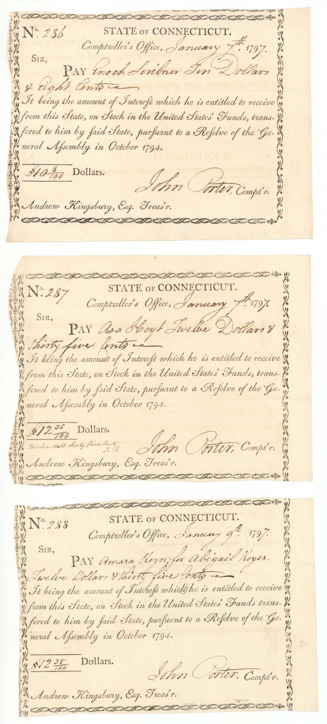 1797 dated Consecutive Serial Numbered Connecticut Line Notes -  Connecticut - American Revolutionary War - Very Rare to Find