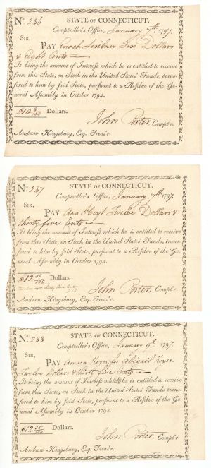 1797 dated Consecutive Serial Numbered Connecticut Line Notes - Connecticut - American Revolutionary War - Very Rare to Find