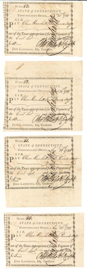 1788 dated Consecutive Serial Numbered Connecticut Line Notes - Connecticut - American Revolutionary War - Very Rare to Find