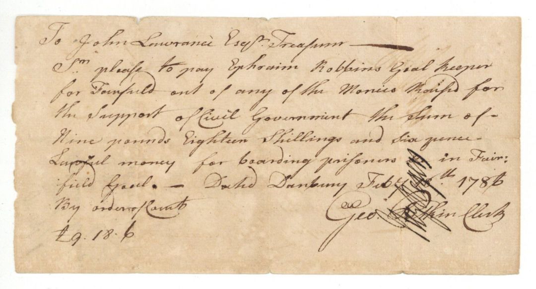 1786 dated State of Connecticut Payment Sheet signed by Geo. Pitkin -  Connecticut - American Revolutionary War - Very Rare to Find