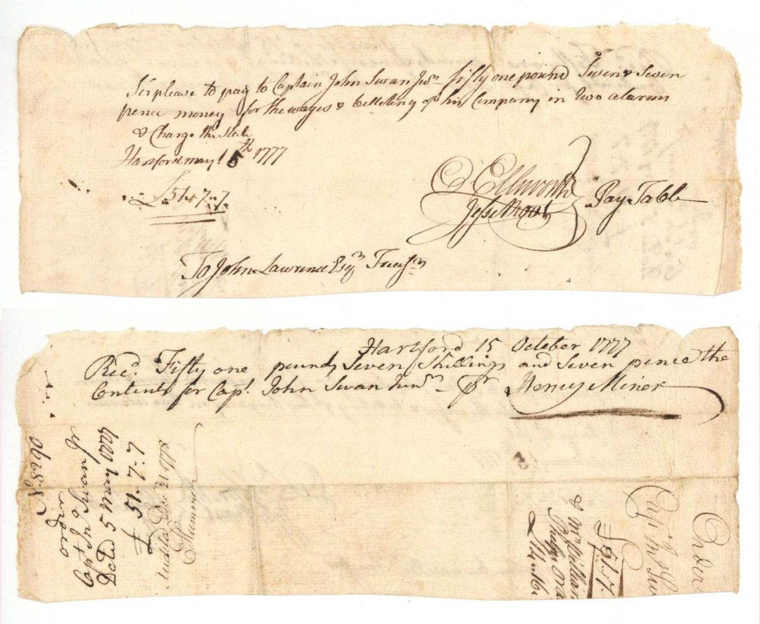 Oliver Ellsworth and Jesse Root signed Revolutionary War Pay Order - Connecticut - 1777 dated American Revolutionary War Autograph