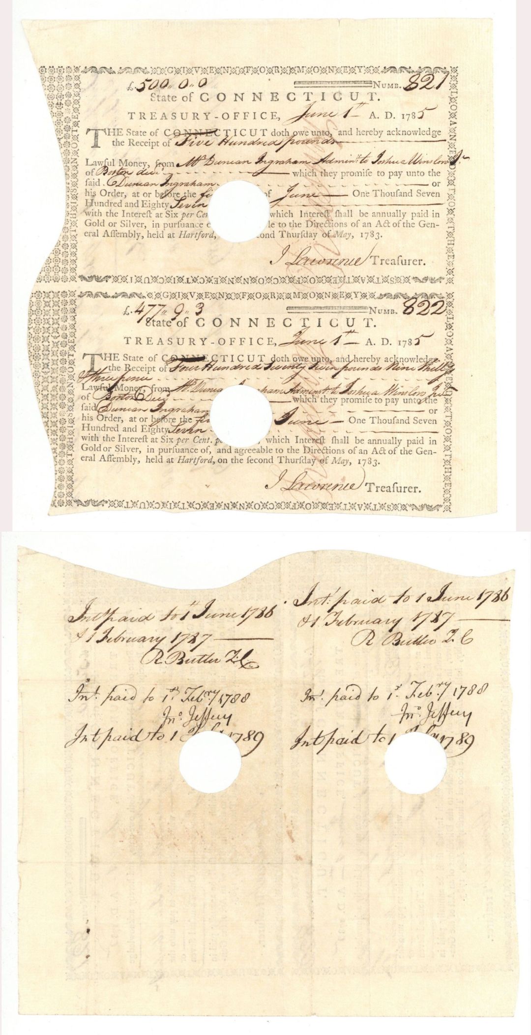 Uncut Pair of Consecutive Serial Numbered Connecticut Line Notes - Connecticut - 1785 dated American Revolutionary War - Very Rare to Find