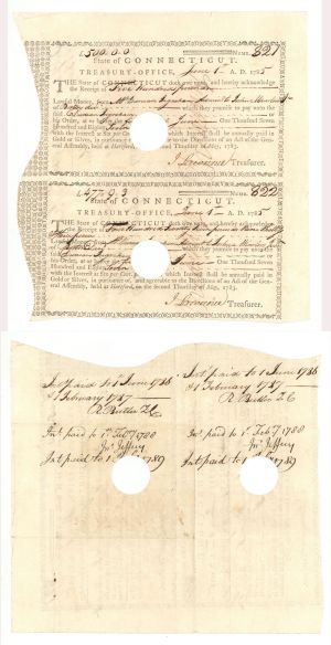 Uncut Pair of Consecutive Serial Numbered Connecticut Line Notes - Connecticut - 1785 dated American Revolutionary War - Very Rare to Find