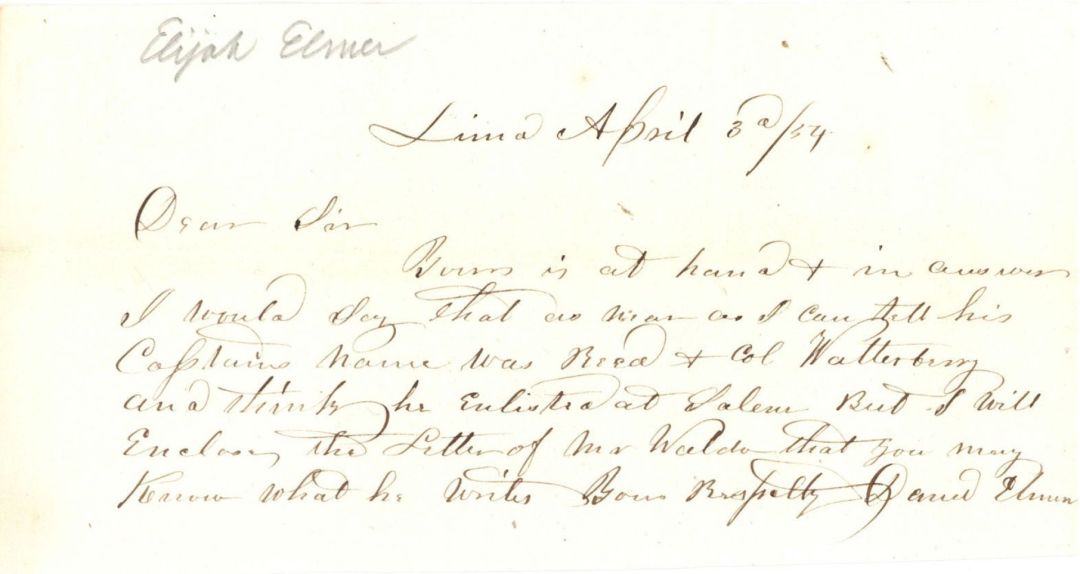 Revolutionary War Pension for Elijah Elmer - Connecticut - 1854 dated American Revolutionary War